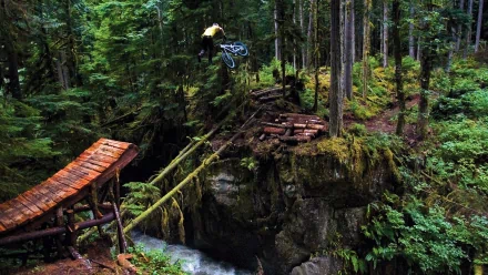 A BMX rider performs a jump in a lush forest setting as part of an HD desktop wallpaper and background.