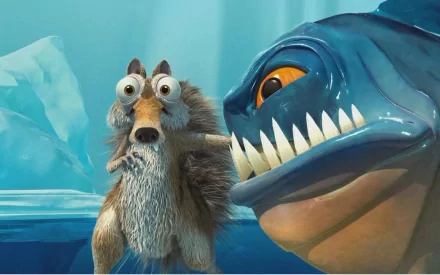 HD PC desktop wallpaper from the movie Ice Age: The Meltdown, featuring Scrat the squirrel facing a large, menacing fish with icy blue surroundings.