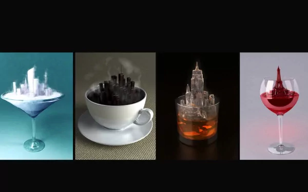 Artistic HD PC desktop wallpaper featuring cityscapes creatively integrated into various drinks and cups against dark and light backgrounds.