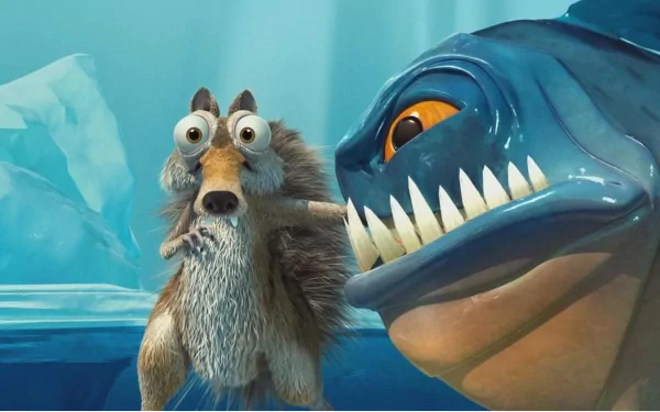 HD PC desktop wallpaper from the movie Ice Age: The Meltdown, featuring Scrat the squirrel facing a large, menacing fish with icy blue surroundings.