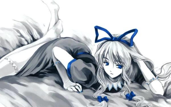HD PC desktop wallpaper featuring Yukari Yakumo from the anime Touhou, depicted with flowing silver hair and blue accents on a monochrome background.