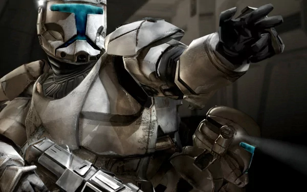 HD PC desktop wallpaper featuring a detailed clone trooper from the video game Star Wars: Republic Commando in action, wearing white and blue armor.