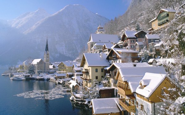 Man Made Town Towns Winter Snow Hallstatt HD Wallpaper | Background Image