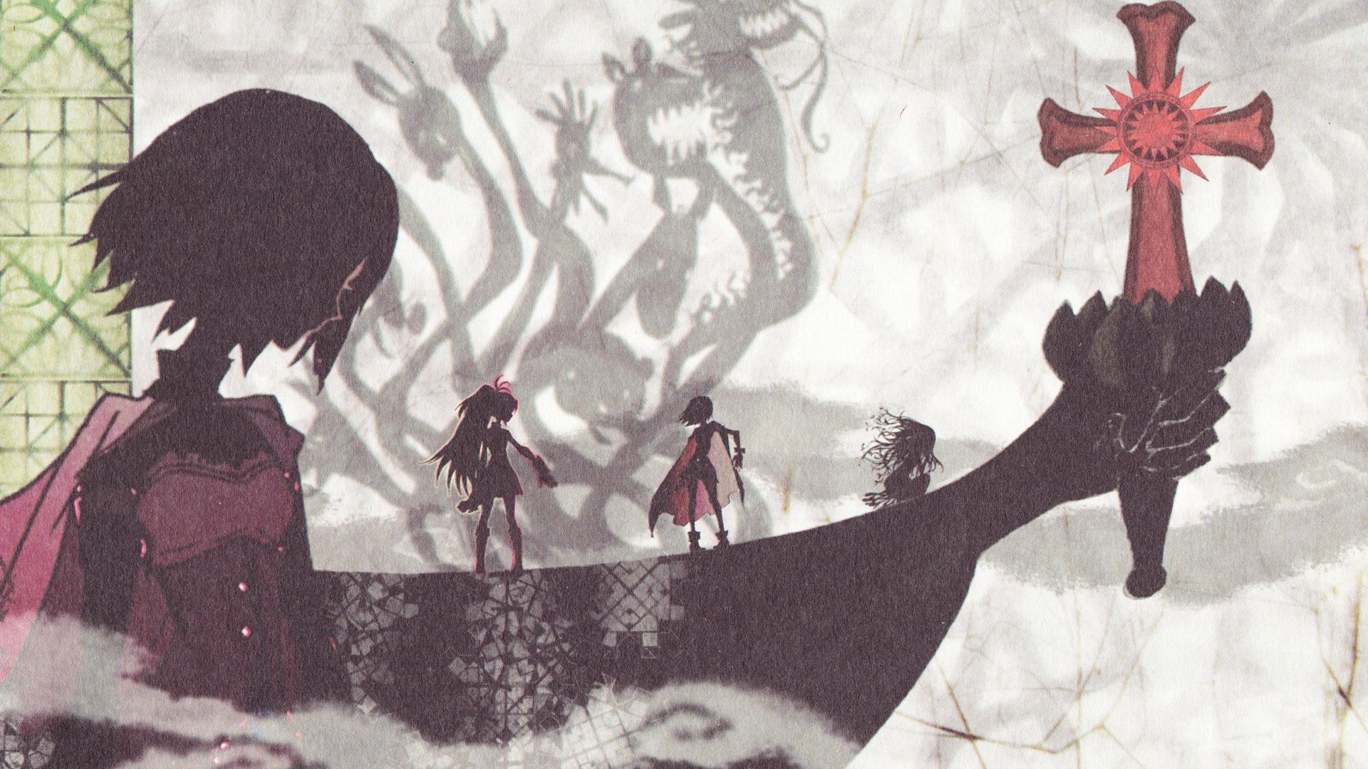 HD PC desktop wallpaper featuring Sayaka Miki and Kyōko Sakura from the anime Puella Magi Madoka Magica with a dark, shadowy, and stylized design.