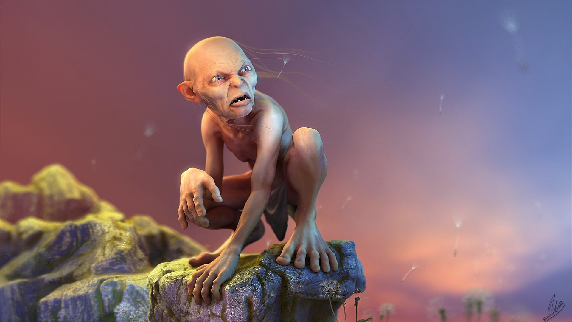 A fantasy-themed HD wallpaper featuring Gollum from The Lord of the Rings, crouching on a rocky outcrop, set against a vibrant, mystical background.