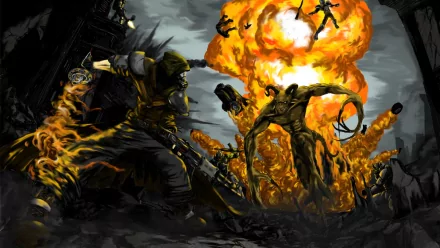 A dramatic scene from Fallout 3 featuring a character in a battle with a monstrous foe amidst explosions and chaos, serving as a striking HD PC desktop wallpaper.