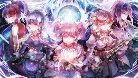 HD desktop wallpaper featuring characters Sayaka Miki, Mami Tomoe, Kyōko Sakura, Madoka Kaname, and Homura Akemi from the anime Puella Magi Madoka Magica.