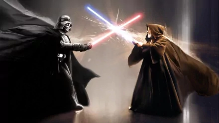 An HD desktop wallpaper featuring an epic lightsaber duel between Obi-Wan Kenobi and Darth Vader from the Star Wars movie series. Both characters channel their Jedi and Sith powers amidst a dramatic, dark background.