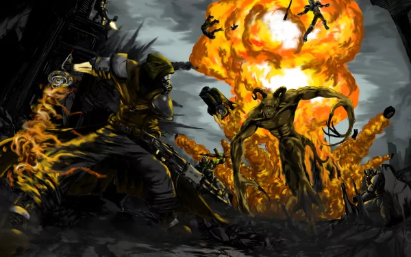 A dramatic scene from Fallout 3 featuring a character in a battle with a monstrous foe amidst explosions and chaos, serving as a striking HD PC desktop wallpaper.