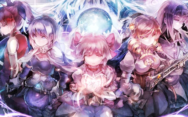 HD desktop wallpaper featuring characters Sayaka Miki, Mami Tomoe, Kyōko Sakura, Madoka Kaname, and Homura Akemi from the anime Puella Magi Madoka Magica.