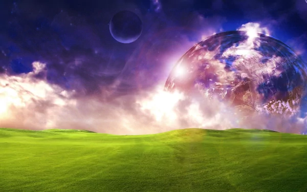 A vibrant HD PC desktop wallpaper featuring a lush green field under a dreamy sky with glowing clouds and a large, otherworldly planet in the background.