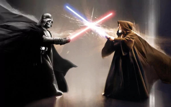 An HD desktop wallpaper featuring an epic lightsaber duel between Obi-Wan Kenobi and Darth Vader from the Star Wars movie series. Both characters channel their Jedi and Sith powers amidst a dramatic, dark background.