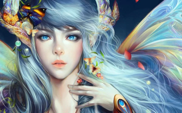 A stunning HD desktop wallpaper featuring a mystical character from the video game Perfect World, adorned with butterflies and flowers, showcasing ethereal beauty and captivating blue eyes.
