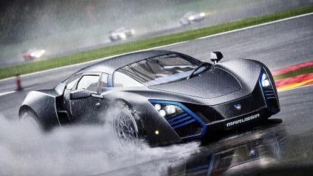 A sleek Marussia B2 sports car speeding on a wet racetrack, captured in a high-definition PC desktop wallpaper and background.