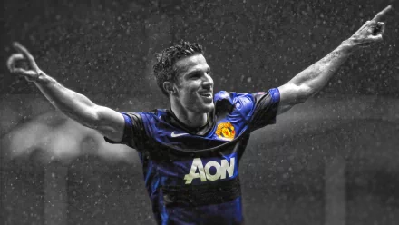 HD sports desktop wallpaper featuring Robin van Persie celebrating a goal in a Manchester United away kit under the rain.