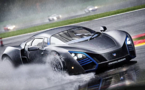 A sleek Marussia B2 sports car speeding on a wet racetrack, captured in a high-definition PC desktop wallpaper and background.