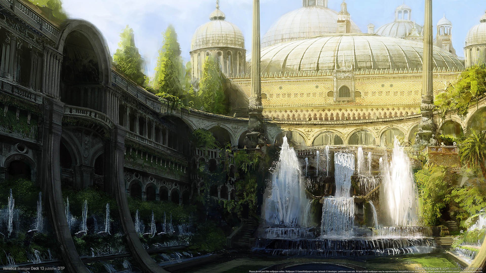 HD PC desktop wallpaper/background from the video game Venetica: sunlit fantasy Venetian cityscape with domed basilica, cascading fountains and lush terraces framed by arched colonnades.