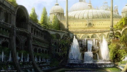 HD PC desktop wallpaper/background from the video game Venetica: sunlit fantasy Venetian cityscape with domed basilica, cascading fountains and lush terraces framed by arched colonnades.