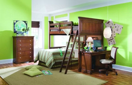 HD PC desktop wallpaper of a man-made room: bright green-walled bedroom with wooden loft bed, desk and chair, dresser, rug and floor cushions.