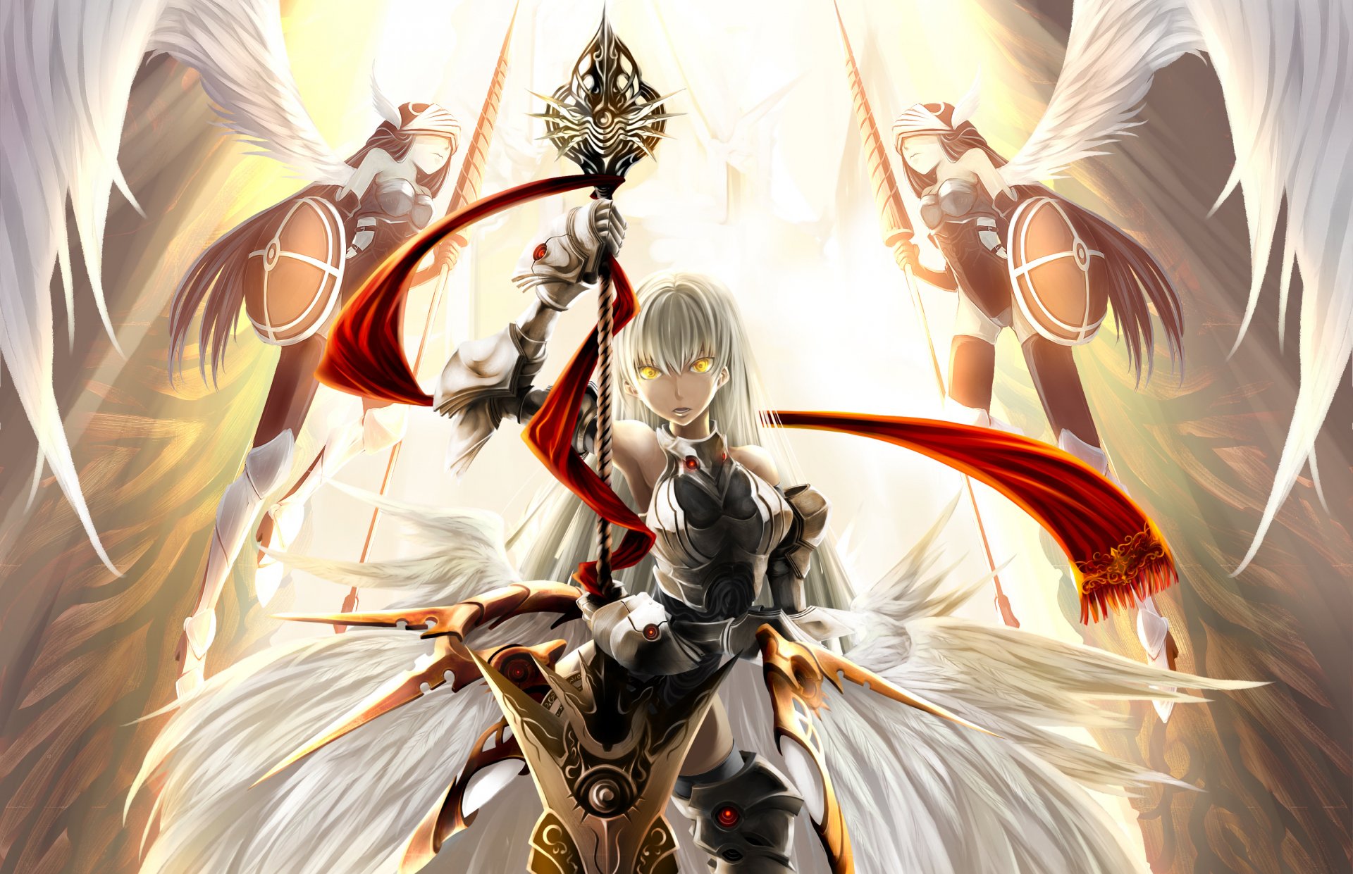 A powerful woman warrior stands tall, wielding a staff and surrounded by ethereal wings. This HD fantasy artwork serves as an captivating desktop wallpaper and background.