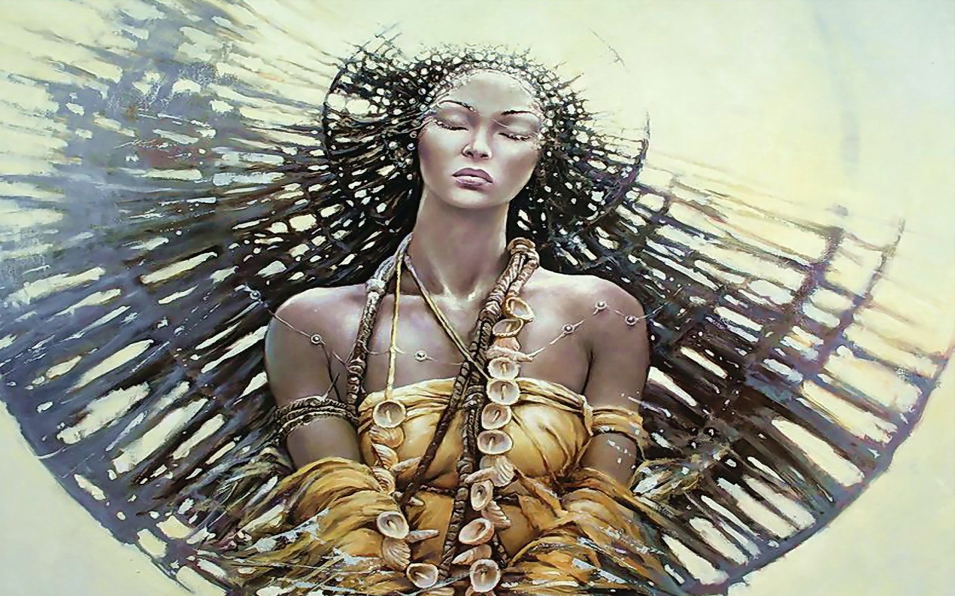 Fantasy-themed HD PC desktop wallpaper featuring a woman with closed eyes, adorned in golden attire and surrounded by intricate, flowing dark elements.
