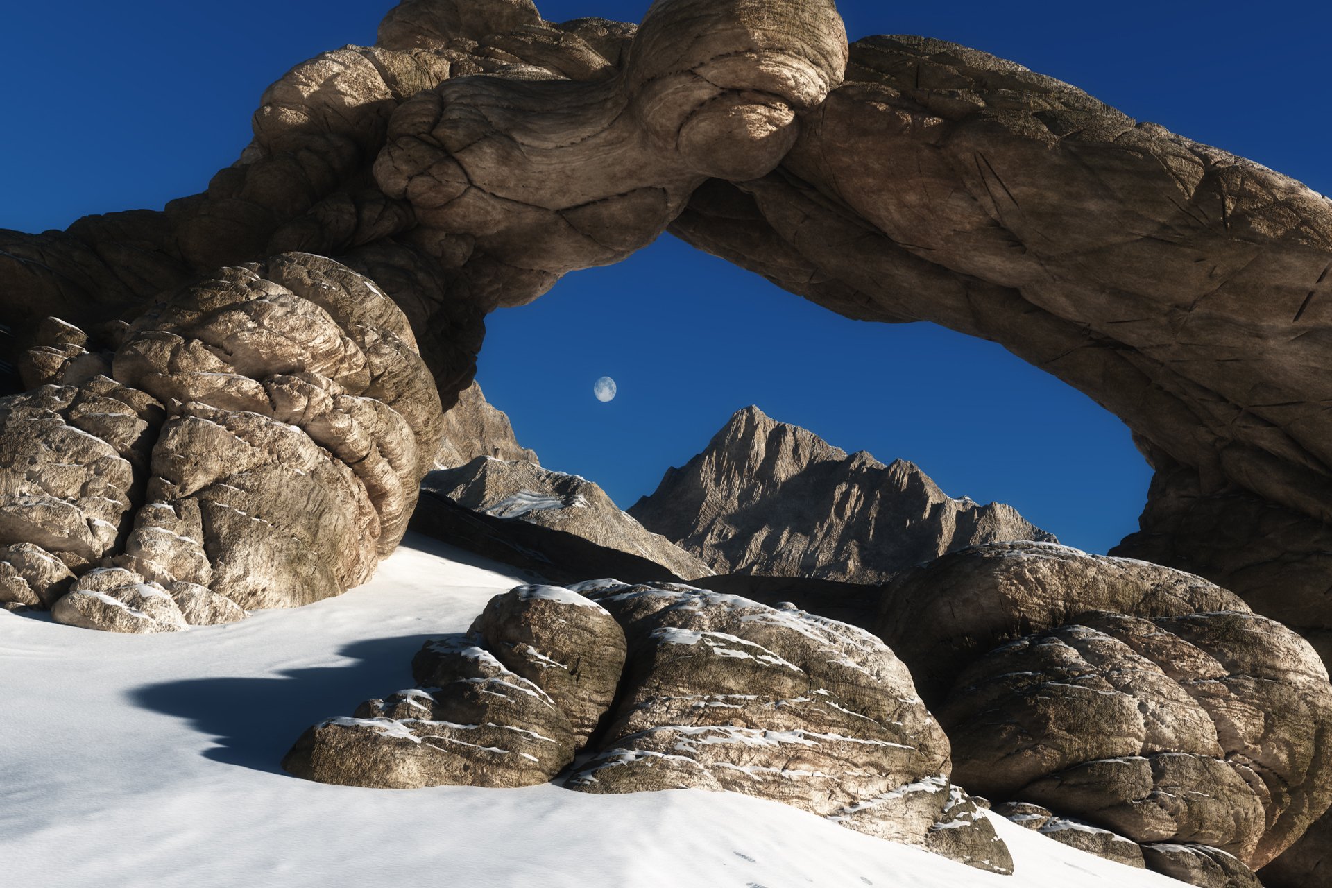 A stunning HD wallpaper featuring a natural rock arch framed by snow and mountains, with a bright moon visible in the clear blue sky.