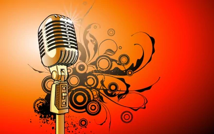A vibrant HD desktop wallpaper featuring a vintage microphone amidst dynamic abstract shapes, celebrating the essence of music and creativity.