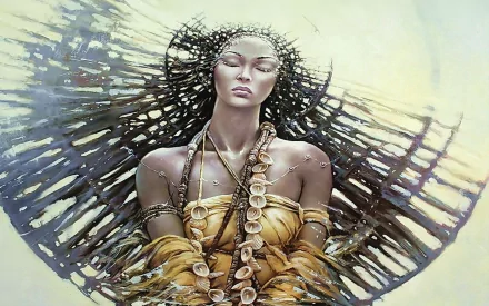 Fantasy-themed HD PC desktop wallpaper featuring a woman with closed eyes, adorned in golden attire and surrounded by intricate, flowing dark elements.