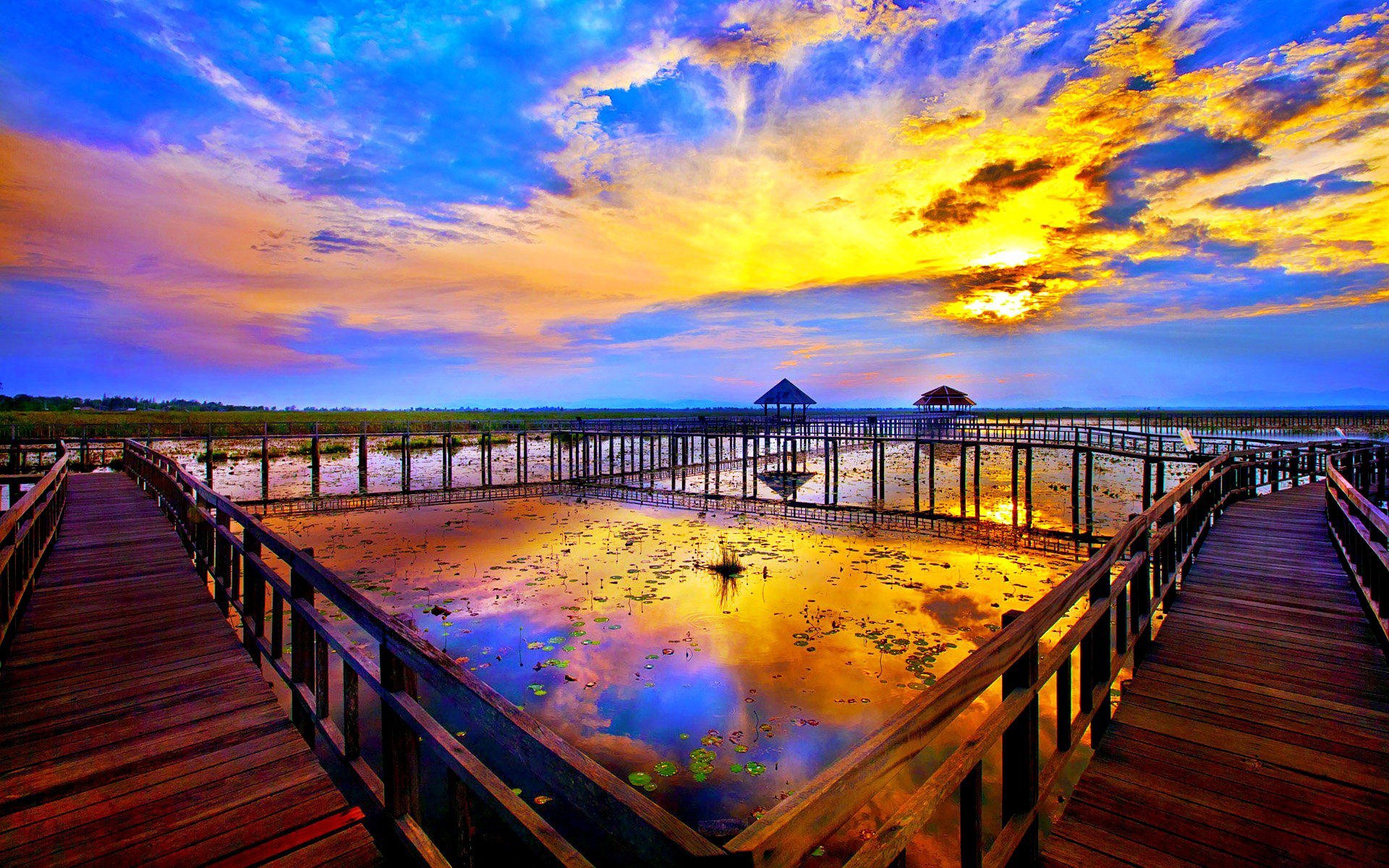 Stunning HD Wallpaper of Man-Made Bridge at Colorful Sunset Horizon ...