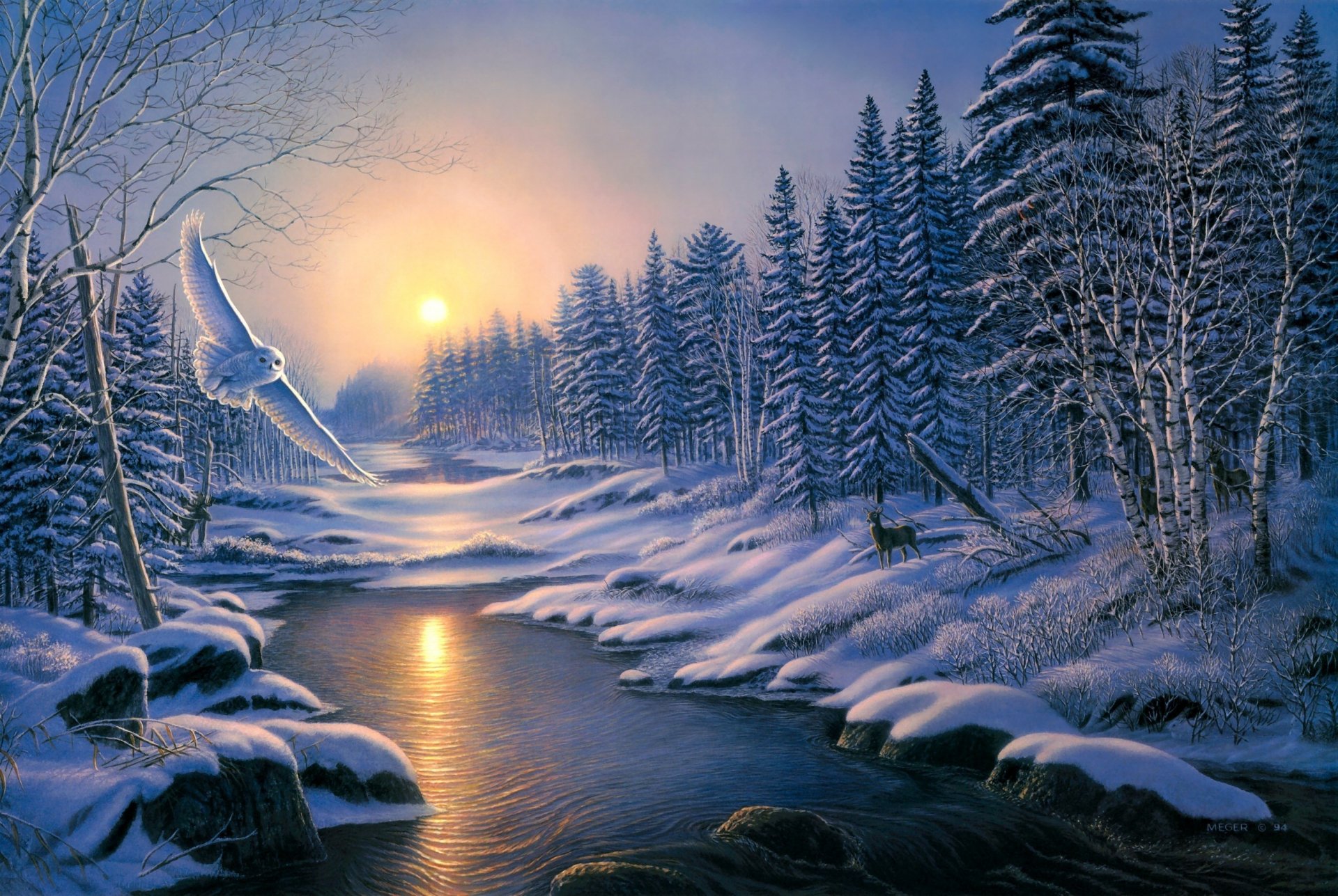 HD desktop wallpaper of a serene winter landscape with a river flowing through snow-covered banks, surrounded by tall pine trees at sunset. An owl flies gracefully over the scene.