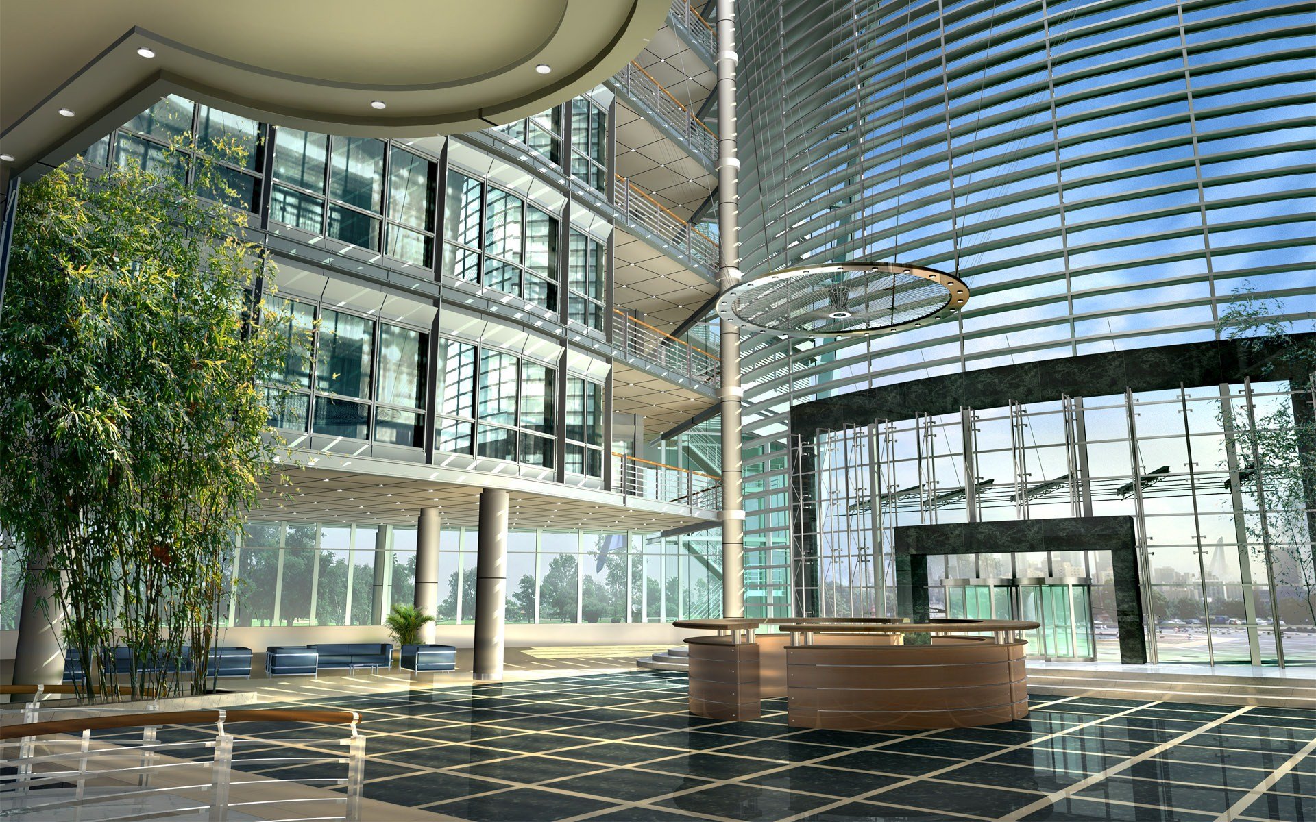 Artistic HD PC desktop wallpaper and background showing a sunlit modern glass atrium: towering windows, circular ceiling light, central reception desk, indoor trees and reflective tiled floor.