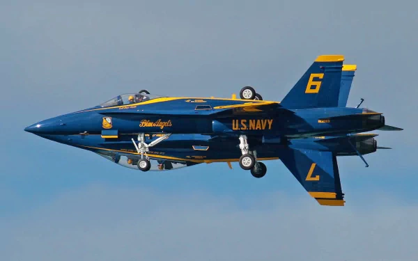 HD PC desktop wallpaper of a U.S. Navy Blue Angels aircraft vehicle (F/A-18) inverted with landing gear down, blue-and-gold livery against a pale sky.