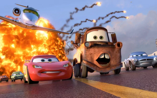 A vibrant scene from Pixar's Cars 2 featuring Lightning McQueen and Mater racing past an explosion, with an airplane in the background. HD wallpaper captures the movie's excitement.