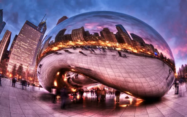 4K Ultra HD desktop wallpaper showcasing Chicago's iconic Cloud Gate sculpture reflecting the city skyline at dusk, highlighting man-made architectural beauty.