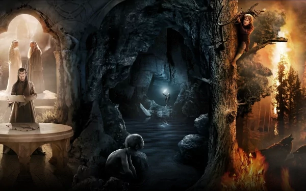 HD PC desktop wallpaper from the movie The Hobbit: An Unexpected Journey, featuring key scenes with characters in a mystical cave and forest setting.