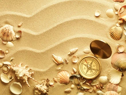 4K Ultra HD PC desktop wallpaper/background: nature shell scene of assorted seashells and a compass resting on rippled golden beach sand.