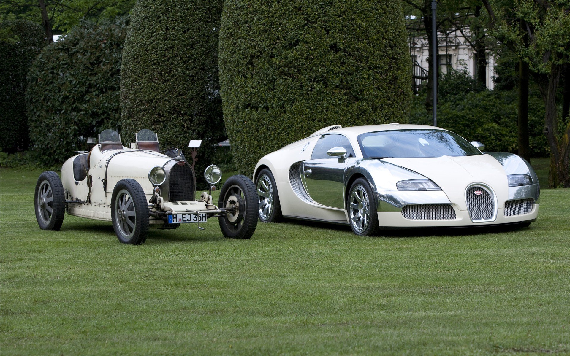 Two Bugatti vehicles — vintage racer and white Bugatti Veyron — parked on a lawn with sculpted trees; HD PC desktop wallpaper and background.