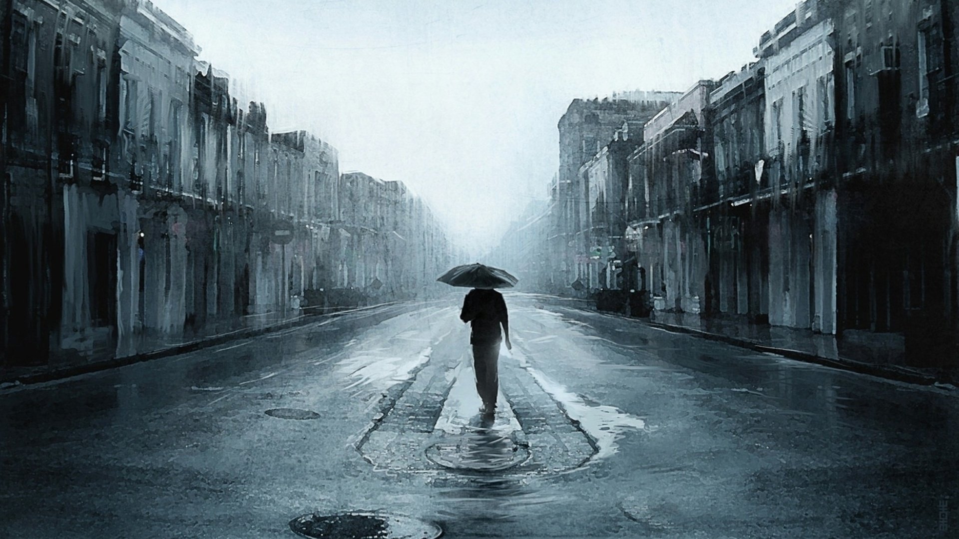 HD photography wallpaper showing a solitary figure walking down a wet, empty street, holding an umbrella under overcast skies.