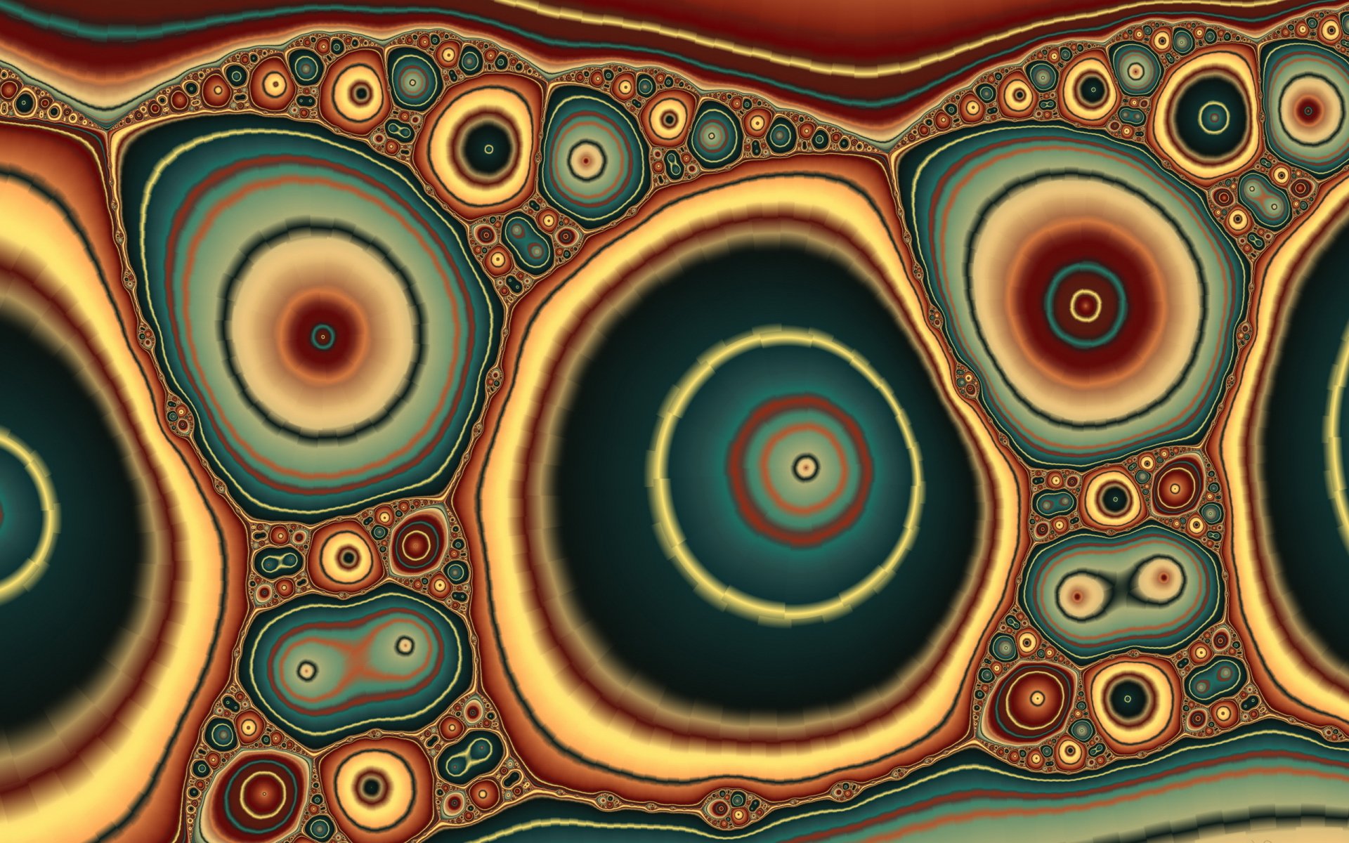 Abstract fractal 2K Quad HD PC desktop wallpaper/background: concentric agate-like rings and cellular patterns in teal, gold, rust, and olive with flowing organic contours.