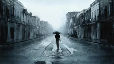 HD photography wallpaper showing a solitary figure walking down a wet, empty street, holding an umbrella under overcast skies.