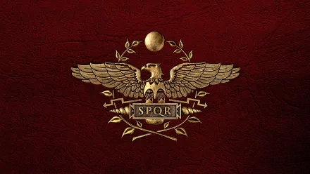 Artistic gold emblem of an eagle with outstretched wings, holding a banner with SPQR on a textured deep red background, designed as an HD PC desktop wallpaper.