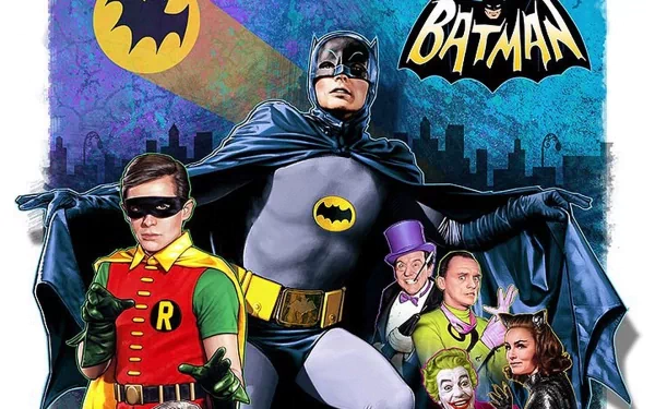 HD desktop wallpaper featuring Batman, Robin, Catwoman, Joker, Penguin, and Riddler from the classic Batman movie with Gotham City backdrop and iconic Bat-Signal.