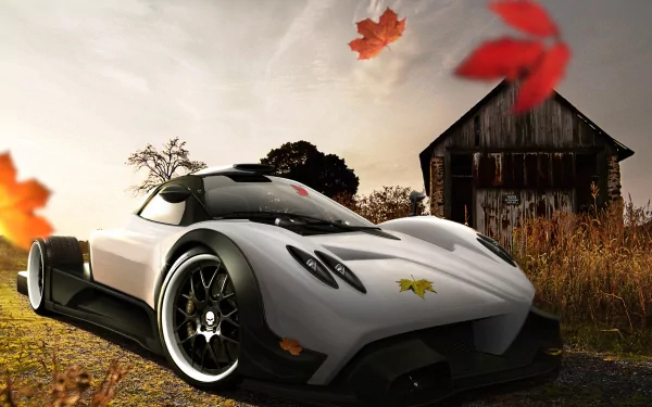 A striking Pagani Zonda R parked in a scenic autumn setting, with vibrant leaves swirling around and an old barn in the background, creating a stunning HD desktop wallpaper.