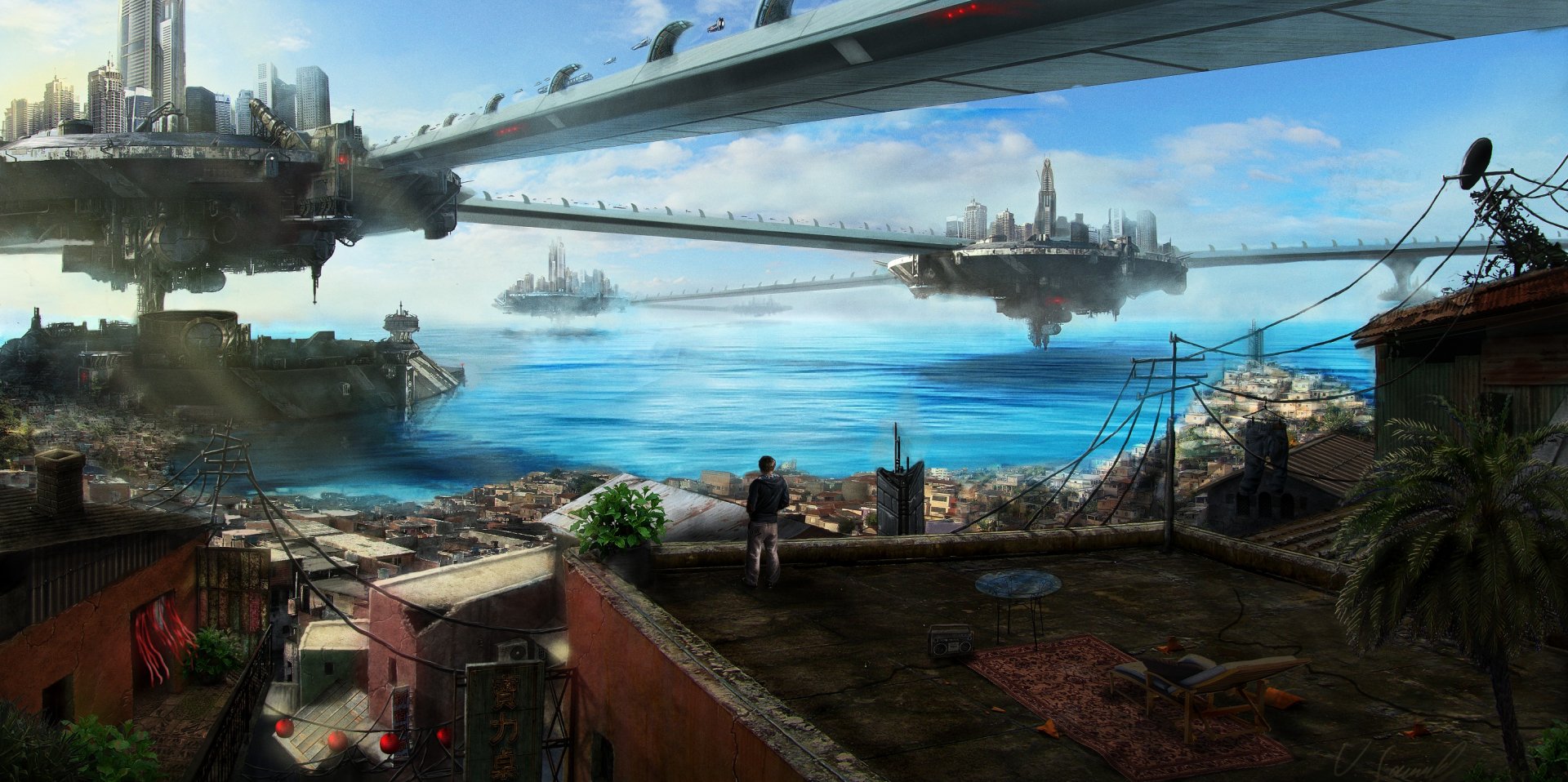 A vibrant sci-fi landscape featuring futuristic structures above a serene ocean, with a figure observing from a rooftop, creating a captivating HD desktop wallpaper.