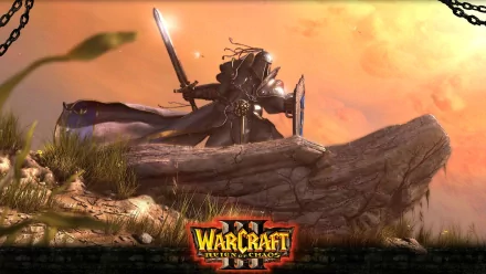 HD PC desktop wallpaper featuring a heroic armored warrior from the video game Warcraft III: Reign of Chaos, set against a dramatic sunset backdrop.