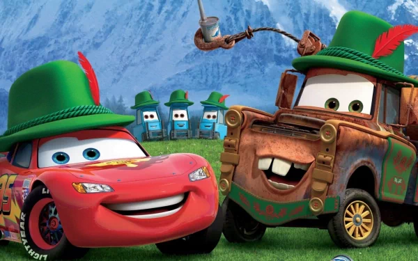Colorful Cars 2 wallpaper featuring Lightning McQueen and Mater in alpine hats, set against a picturesque mountain backdrop with other vehicles in the distance.