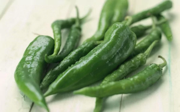 HD desktop wallpaper featuring a close-up of fresh green peppers arranged on a light surface, showcasing vibrant color and natural texture.