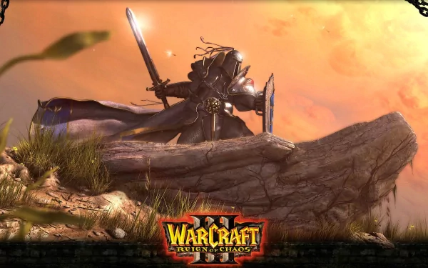 HD PC desktop wallpaper featuring a heroic armored warrior from the video game Warcraft III: Reign of Chaos, set against a dramatic sunset backdrop.