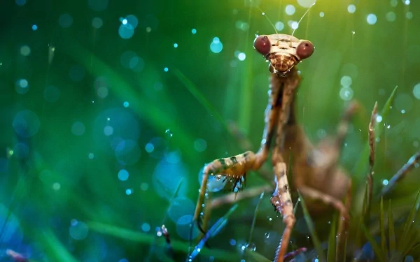 Close-up of a green praying mantis with circular light bokeh in the background, captured in HD for a vibrant PC desktop wallpaper and background.