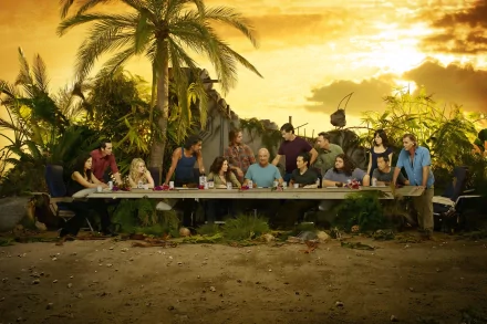 A cast of the TV show Lost gathered around a long table in a lush, tropical setting, reminiscent of The Last Supper, against a vibrant sunset background.